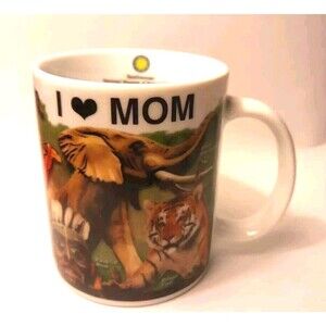Smithsonian  "I ❤️ Mom"Mug Adorned With Safari Animals white with tiger elephant